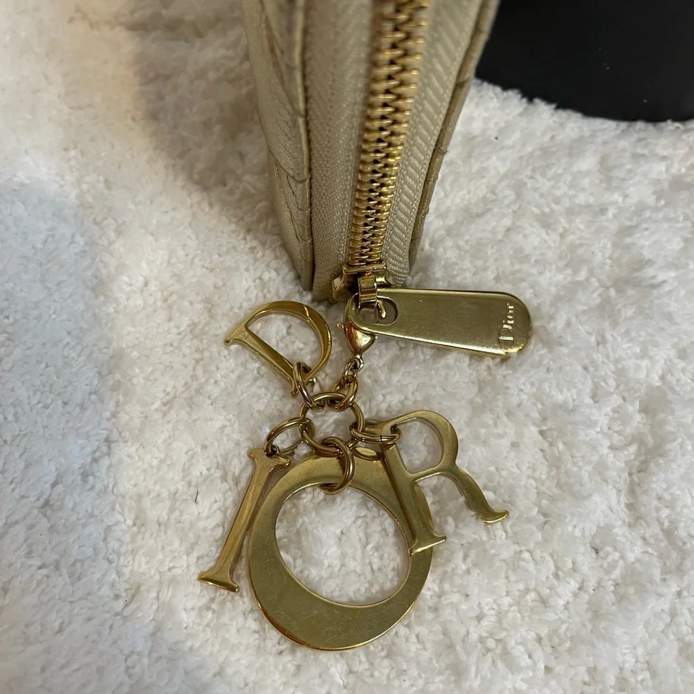 EUC Lady Dior Voyageur Cannage Gold Leather Zip Around Wallet with Logo charm